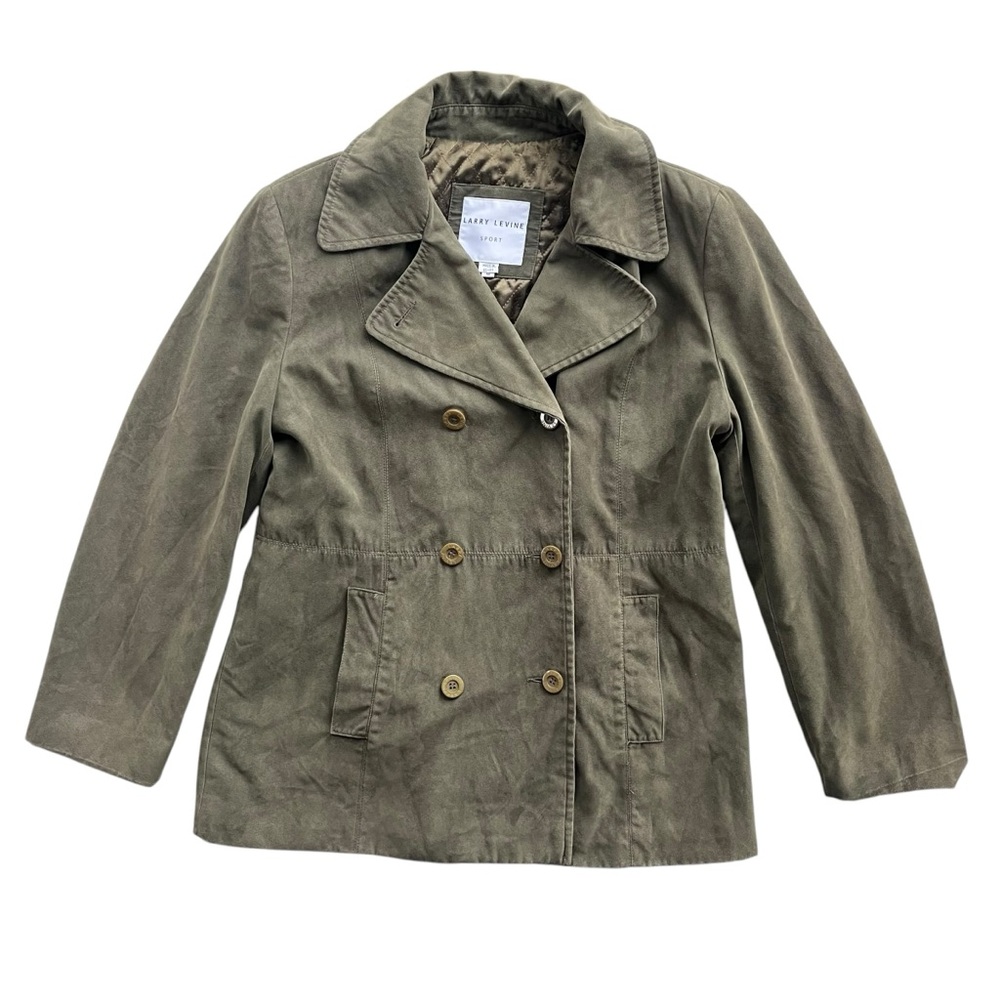 Larry Levine Sport Womens Medium Olive Green Faux Suede Double Breasted Pea Coat